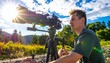 © Dizzi - Joven camarógrafo profesional grabando video al aire libre con cámara cinematográfica bajo el sol brillante.