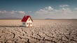 © Suryani - A small toy house stands alone on a vast expanse of cracked, dry earth under a blue sky