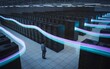 © Shahriar - High-angle view of a vast modern data center with glowing lines depicting digital information flowing between server racks