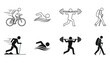 © GraphicsZone - fitness activities icon set, running, walking, swimming, cycling, hiking, gym icon set in outline and silhouette style