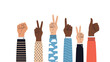 © Chloe - Diversity illustration featuring various hands in different skin tones and sleeves making gestures like peace signs and thumbs up.
