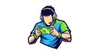 © rezaa - A male gamer wearing headphones plays a game on a smartphone with intense focus and enthusiasm