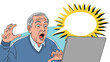 © PixelBiber - Furious senior man shouting at his laptop screen with an empty yellow starburst speech bubble for custom text.