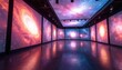 © Pete - Modern museum hall with immersive planetarium projections on walls and ceiling. Reflective floor mirrors vibrant galaxy displays. Interactive space show shows cosmic wonders, outer space.