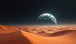 © Pete - Vast alien desert landscape with sand dunes under starry dark sky. Earth globe rises large over horizon line, casting soft light over barren terrain. Cosmic panorama, surreal science fiction scene.