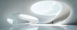 © Pete - Modern white building interior with large oval skylights and curved walls. People walk inside spacious hall with reflective floor and grand staircase. Future architecture.
