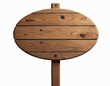 © Pete - Oval wooden signpost with planks for custom text graphics. Isolated on white background for easy design integration. Rustic wood material. Perfect for directional information, cafe menus, store