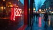 © Pete - Red neon jazz sign glows on cozy bar window. Nighttime street scene shows blurry figures walking on wet sidewalk reflecting city lights. Autumn atmosphere outside.