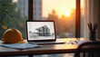 © Pete - Architectural blueprint shown on laptop screen in modern office at sunset. Desk has yellow hard hat, pencils, and papers. Warm light filters through window.