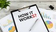 © MissBeauty - Clipboard with How It Works question text on office desk with business charts, pen, and plant for analysis and explanation concept featuring process, workflow, instructions with guide and tutorial