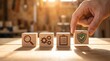 © Ghulam - Finger places a wooden block icon depicting a shield with a checkmark, symbolizing final approval or guaranteed security within a structured workflow.