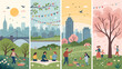 © VectorVista - Diverse families enjoy vibrant spring picnics and outdoor leisure activities in a scenic city park with blooming trees