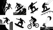 © Fairy Art - Eight black silhouette images on a white background: female rock climber, male surfer, skateboarder, snowboarder, parkour athlete, wakeboarder, cyclist, kitesurfer. A collection of extreme sports.