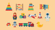 © Abhinaya Project - Colorful set of children's toys and educational materials.