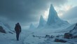 © Viktor - Lone person treks through snowy, foggy terrain towards sharp, icy peaks. Cold, remote landscape with dramatic clouds, epic mountain range in distance. Winter adventure, wilderness exploration.