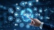 © MHS-AI - A hand in a business suit points to a glowing 'SKILLS' icon, surrounded by numerous professional development and ability icons on a dark digital background.