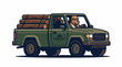 © Fadil - Animated beaver in a hard hat skillfully drives a green pickup truck loaded with logs, a perfect mascot for timber operations and forest management