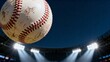 © Максим Кутовой - Low-angle close-up of a baseball approaching the camera from below with dynamic perspective, bright spotlight rays illuminating the background