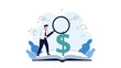 © Akash - Knowledgeable businessman using a magnifying glass to look at a large dollar sign on the pages of an open book for financial study.