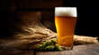 © twc - Fresh golden beverage with foamy head, accompanied by raw hops and dry grain ears on a rustic wood surface, dark background, brewing concept