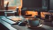 © Maria Vitkovska - Remote work setup with coffee cup, keyboard and monitors for a productive home office