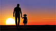 © Stock Image Paradise - Silhouette of man and child holding hands walking towards sunset on a serene landscape viewed from behind