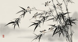 Black ink painting of birds perched on bamboo branches
