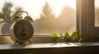 © Urmimala - A vintage alarm clock sits on a windowsill with a plant nearby.
