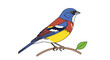 © Awan - Vibrant Painted Bunting Perched on a Twig with Green Leaf, Simple Cartoon Style Illustration