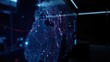 © inna717 - Global Cybersecurity and Digital Connectivity Concept: Close-up of a High-Tech World Map Screen with Glowing Red Connection Nodes and Abstract HUD Data Interface