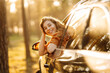 © maxbelchenko - A smiling woman leans out of a car window and enjoys the sunset. A beautiful woman on a car adventure feels free in the sun's rays. The concept of freedom, adventure, and the car.
