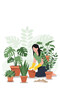 © Ivana - Woman Planting Potted Houseplants In Garden Surrounded By Lush Greenery