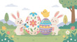 © Mr. Stocker - Two cute bunnies and a chick decorate colorful Easter eggs in a vibrant spring garden, celebrating the holiday season with joy.