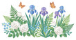 © Mr. Stocker - Elegant spring floral border with blooming irises, roses, and delicate butterflies fluttering among the green foliage.