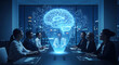 © Violga - Business professionals discuss advanced AI concepts with a glowing holographic brain in a futuristic boardroom, symbolizing strategic innovation and digital transformation for future growth