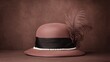 © Digital Design - A vintage pink hat adorned with a black ribbon, pearls, and a feather, set against a textured brown background.