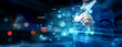 © AD - Businessman pointing at distribution management technology on futuristic digital interface screen, supply chain logistics, inventory tracking system, global delivery network concept