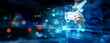 © AD - Businessman pointing at software development technology on futuristic digital interface screen, coding platform, application design system, IT solution innovation concept