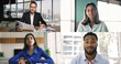 © fizkes - Confident young business professionals of different races talking on video call from screen. Company leaders, marketing influencers, freelancers looking at camera, speaking. Collage split portrait