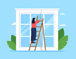 © Deva - A woman standing on a wooden ladder, cleaning a large window with a long-handled squeegee, against a light blue sky.