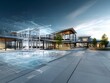 © Anuson - A modern architectural design of a luxurious house is overlaid with blue wireframe blueprints revealing its complex structural details.