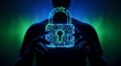 © M Yoga Febriano - Digital lock icon formed by glowing blue code on a dark background symbolizing cybersecurity and data protection