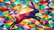 © Urenus Photos - A vibrant, colorful geometric rabbit leaps across a dazzling array of triangular patterns, creating a dynamic and joyful visual experience.