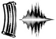 © Rysak - Gun magazine paired with waveform, vector illustration, black and white, halftone texture, isolated graphic, sound design, firearm accessory.