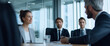 © ray - Business meeting of busy entrepreneur people sitting at table, using tablet gadget, discussing financial trade strategy. Young manager worker man talking with bank client in office. Banner, copy space