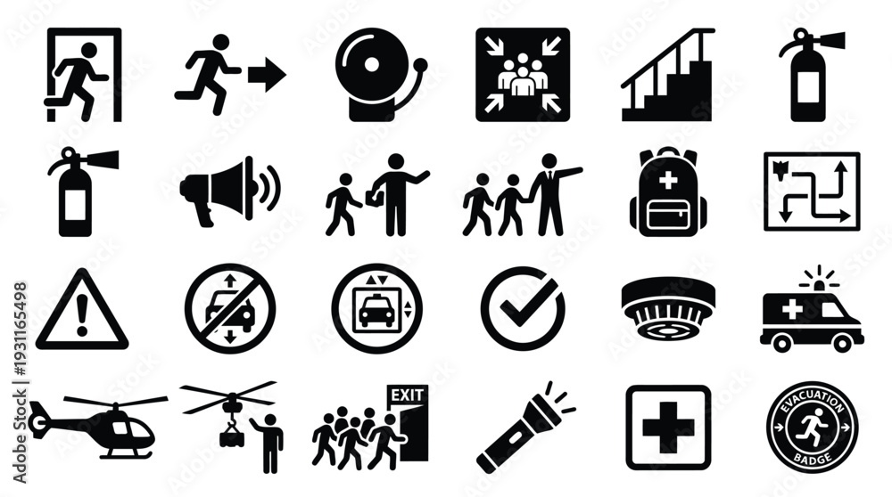 Fall Rescue Symbol Collection of safety and emergency icons, including evacuation, fire ...