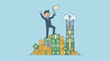 © Abdul - Successful Businessman Holding Flag on Top of Money Pile, Reaching Financial Independence via Money Ladder to Cloud, Concept of Wealth, Investment Growth, Prosperity, and Business Achievement.