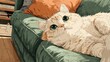 © tiantian - Anime style cat relaxing on cozy couch showing peaceful feline resting with soft fur and calm expression in Japanese animation art.