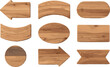 © MstNur - Collection of nine rustic wooden signboards with diverse shapes, arrows, circles, ovals, and textured planks for signage, decoration, design projects, and creative backgrounds