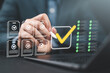 © Nirusmee - Online document validation and quality assessment management concept with businessman reviewing checklist for document evaluation, consulting services, and market data report analysis.